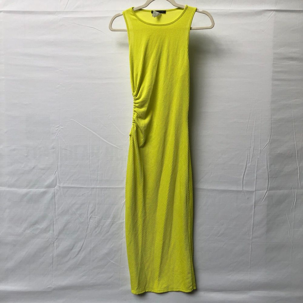 Caution to the Wind Neon Yellow Side Ruched CutOut Super Flattering Maxi Dress M
